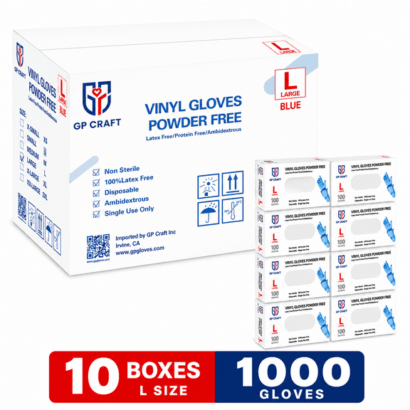 GP Craft Blue Vinyl Disposable Gloves, Latex-Free & Powder-Free Multi-Purpose Food Grade Cleaning Gloves, 100 Count