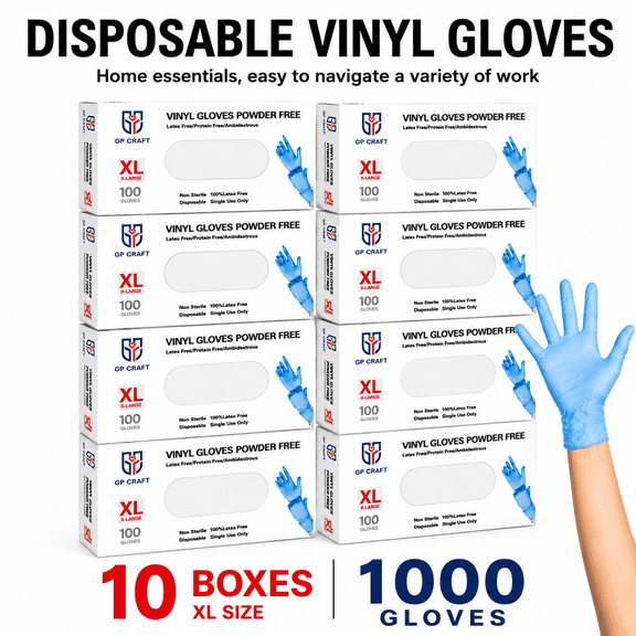 GP Craft Blue Vinyl Disposable Gloves - Latex-Free & Powder-Free Cleaning Food Household Smooth Comfortable Box