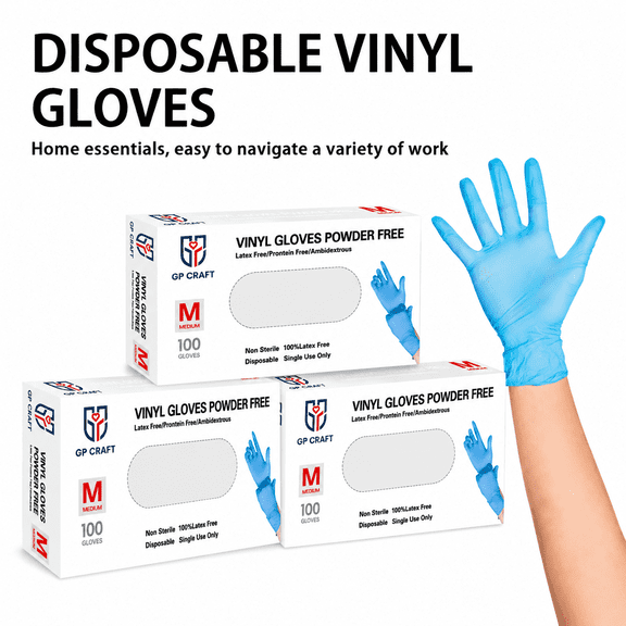 GP Craft Blue Vinyl Disposable Gloves - Latex-Free & Powder-Free Cleaning Food Household Smooth Comfortable Box