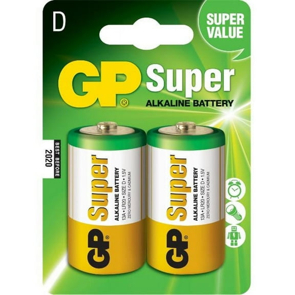 GP GP13A-2U2 Super Alkaline D Batteries, Pack of 2