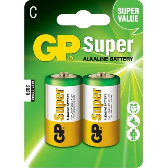 GP GP14A-2U2 Super Alkaline C Batteries, Pack of 2