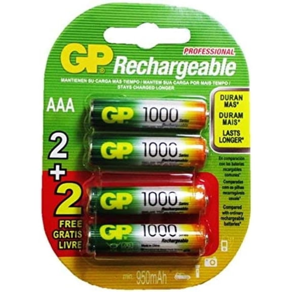 GP Recyko AAA NiMH Pre-Charged Rechargable 1.2v 1000mAh 2 Batteries + 2 Free Total of 4 Batteries