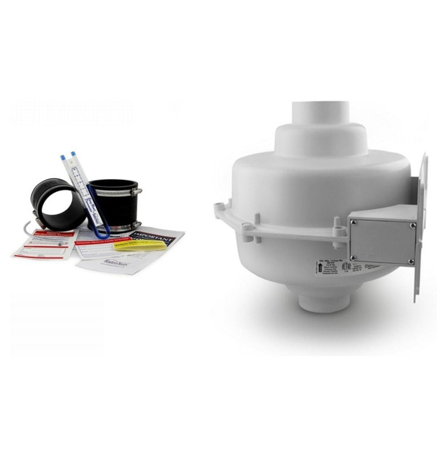 GP501 Radon Fan & Install kit Two 3"x3" Black Couplings & UTube