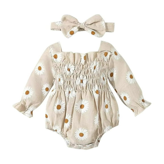 GPAECEAD 2pcs Infant Baby Girls Romper Dress Headband Long Sleeve Clothing Flowers Newborn Boho Girl Outfit Jumpsuit Clothes Beige