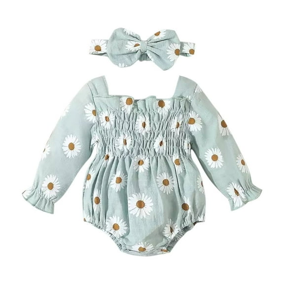 GPAECEAD 2pcs Infant Baby Girls Romper Dress Headband Long Sleeve Clothing Flowers Newborn Boho Girl Outfit Jumpsuit Clothes Light Blue