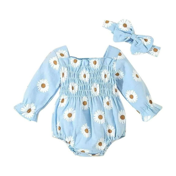 GPAECEAD 2pcs Infant Baby Girls Romper Dress Headband Long Sleeve Clothing Flowers Newborn Boho Girl Outfit Jumpsuit Clothes Sky Blue
