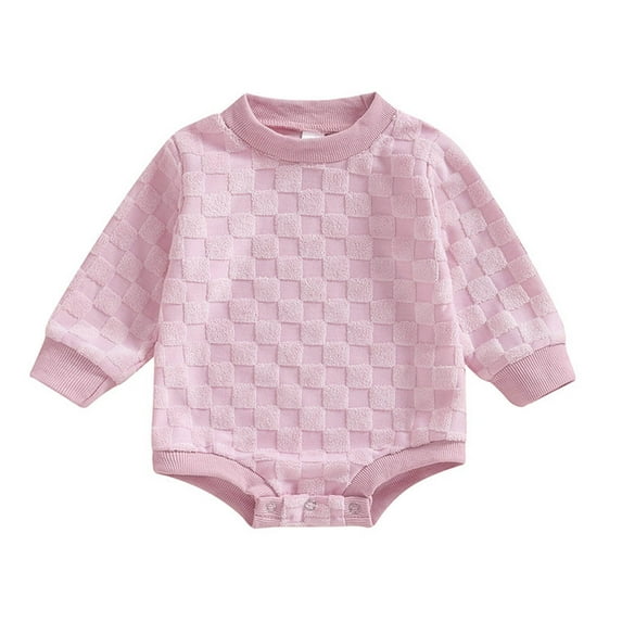 GPAECEAD Baby Boy Girl Fleece Checker Sweatshirt Romper Long Sleeve Oversized Bubble Romper Top Neutral Baby Fall Winter Clothes Pink