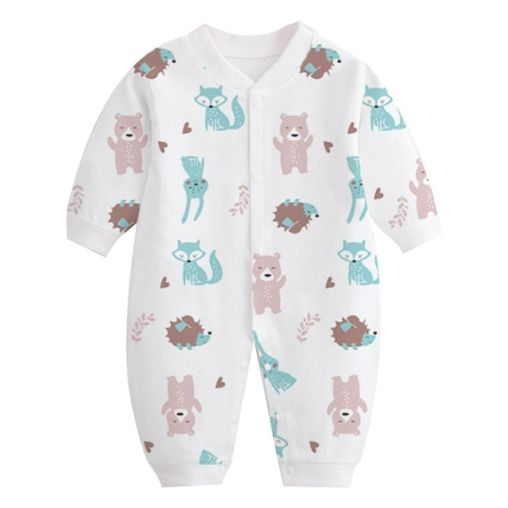 GPAECEAD Boys Girls Prints Romper Thin Printing Newborn Cotton Button V-Neck Long Sleeve Long Rompers White
