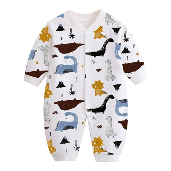 GPAECEAD Boys Girls Prints Romper Thin Printing Newborn Cotton Button V-Neck Long Sleeve Long Rompers White