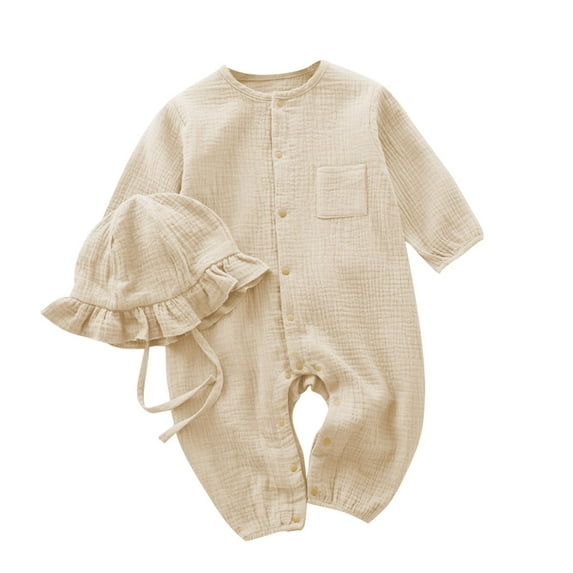 GPAECEAD Boys Girls Romper Solid Color Crawling Suit Long Jumpsuit Summer Jumpsuit Newborn Pajamas Beige