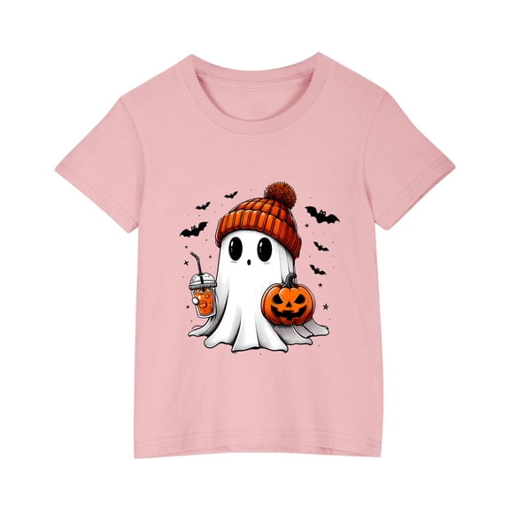 GPAECEAD Cute Ghost Drinking Coffee Halloween T-Shirt Girls Funny Spooky Pumpkin Gnome Graphic Shirt Fall Short Sleeve Tee Tops