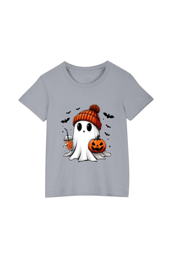 Cute Ghost Drinking Coffee Halloween T-Shirt Girls Funny Spooky Pumpkin Gnome Graphic Shirt Fall Short Sleeve Tee Tops