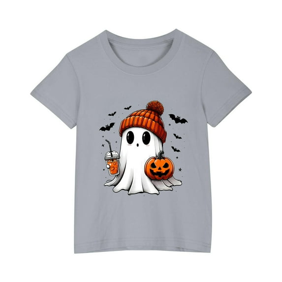 GPAECEAD Cute Ghost Drinking Coffee Halloween T-Shirt Girls Funny Spooky Pumpkin Gnome Graphic Shirt Fall Short Sleeve Tee Tops
