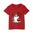 thumbnail image 1 of GPAECEAD Cute Ghost Drinking Coffee Halloween T-Shirt Girls Funny Spooky Pumpkin Gnome Graphic Shirt Fall Short Sleeve Tee Tops, 1 of 4