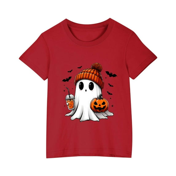 GPAECEAD Cute Ghost Drinking Coffee Halloween T-Shirt Girls Funny Spooky Pumpkin Gnome Graphic Shirt Fall Short Sleeve Tee Tops
