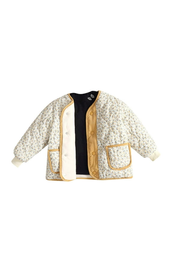 Girl's Cropped Floral Quilted Jacket Lightweight Open Front Padded Puffer Coat Yellow