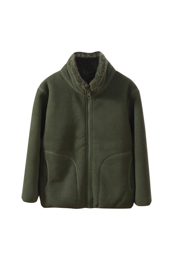 Girls Boys and Toddlers Polar Fleece Full-Zip Mock Jacket With Pockets for Children 4-14 Years Olive Green