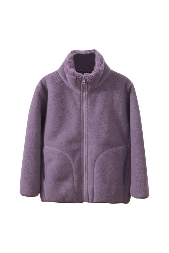 Girls Boys and Toddlers Polar Fleece Full-Zip Mock Jacket With Pockets for Children 4-14 Years Purple