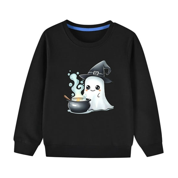 GPAECEAD Kids Halloween Crewneck Sweatshirts Boy Girl Ghost Graphic Pullover Tops Cute Spooky Season Long Sleeve Shirt 2-10Years Black