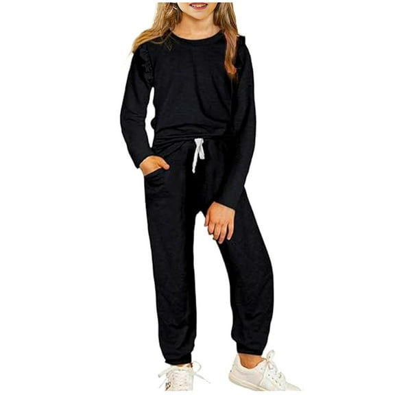 Gpaecead Kids Toddler Boys Girls loungewear Set Long Sleeve Crewneck Pullover Top Long Pants Sets 4-13Y 2Pcs Baby Clothes Set Black