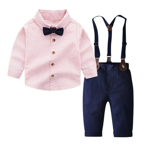 GPAECEAD Kids Toddler Boys Girls Long Sleeve Crewneck Top Sets Stripe Set Shirt Strap Pants 2-Piece Set Round Neck Top/Shirt Set Pink