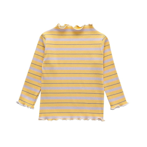 Gpaecead Toddler Girls Baby Long Sleeve Striped T Shirt Undershirt Casual Lettuce Trim Ribbed Knit Pullover Blouse Top Yellow