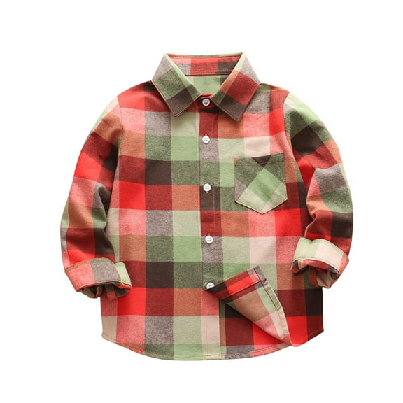 Gpaecead Toddler Kids Boys Girls Collared Plaid Shirt Jacket Long Sleeve Lapel Button Down Pocketed Shirts Casual Fall Coat Red