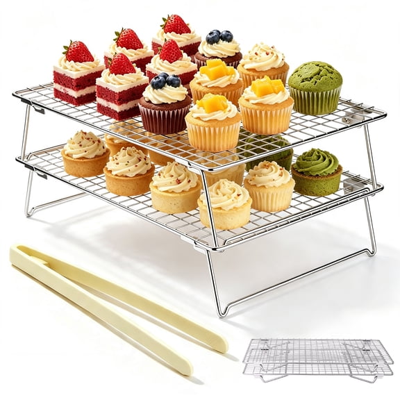 GPANDAG 2-Tier Cooling Rack, 304 Stainless Steel Stackable Collapsible Baking Rack with Food Tongs, Oven & Dishwasher Safe, 13.4 x 9.4 Inch