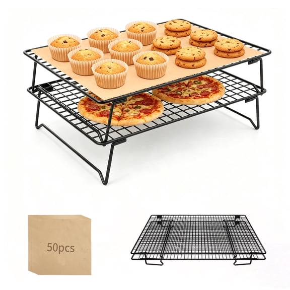 GPANDAG 2-Tier Stackable Cooling Rack for Baking, 13"x9" Foldable Wire Cookie Rack with 50 Parchment Paper Sheets, Oven Safe Metal Bread Cooling Rack for Cookies, Cakes, Pizza