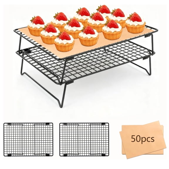 GPANDAG Cooking and Baking Cooling Rack, Two-Tier Stackable Wire Cooling Rack with Legs, for Cooling Cookies, Pizza, Cakes, Baking Sheets, 50-Piece Pack, Size 13“ x 9”, S-Shaped