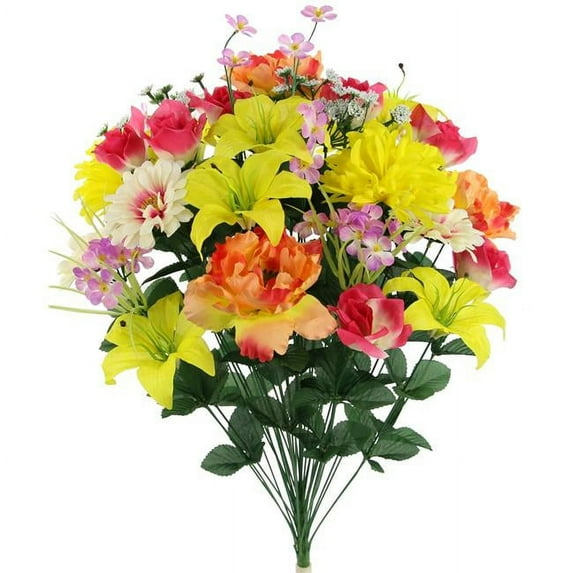 GPB7356-YW-CORAL-CM 36 Stems Faux Full Blooming Lily, Peony, Zinnia & Mum with Greenery Mixed Flower Bush - Yellow, Coral & Cream