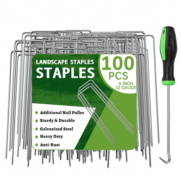 GPED 100 Pack 6Inch Landscape Staples, U-Shaped Ground Stakes with Pick Hook, Heavy-Duty Garden Stakes for Tubing, Hot-dip Galvanized Yard & Tent Stakes for Weed Barrier Sod Fabric Decorations