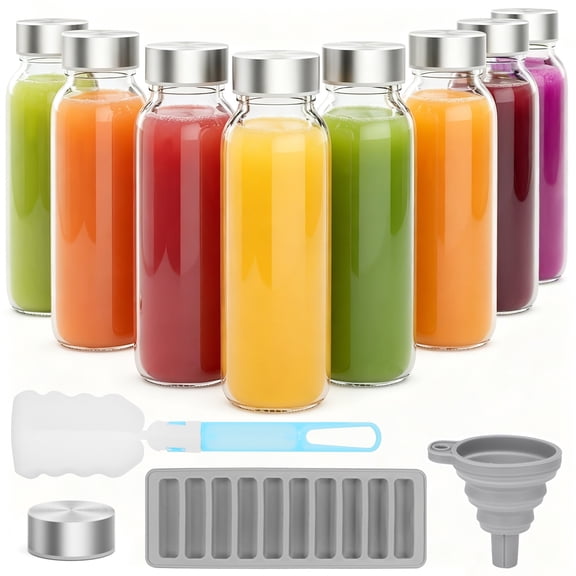 GPED 11 oz Clear Glass Bottles with Lids, Reusable Glass Water Bottles Set of 8 with Stainless Steel Cap for Juicing, Refrigerator,100% Leak Proof, ECO Friendly, Bpa Free, Dishwasher Safe