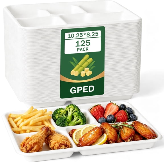 GPED 125 Pack 5 Compartment Disposable Plates, 10.25" x 8.25" Compostable Paper Plates Bulk, Biodegradable Sugarcane Bagasse Trays, Heavy-Duty School Lunch Trays for Party, White
