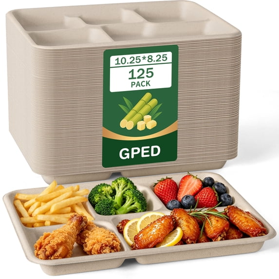 GPED 125 Pack 5 Compartment Disposable Plates, 10.25" x 8.25" Compostable Paper Plates Bulk, Biodegradable Sugarcane Bagasse Trays, Heavy-Duty School Lunch Trays for Party, Natural Brown