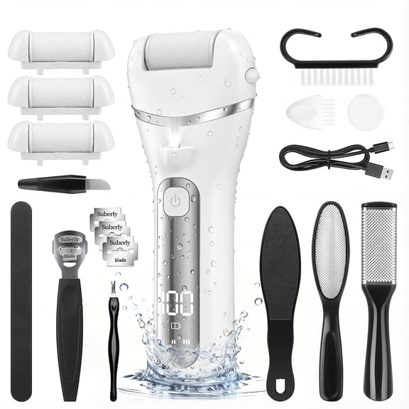 GPED 18 in 1 Electric Foot Callus Remover, Waterproof Callus Remover for Feet W/ 3 Speed, Rechargeable Foot Scrubber Kit W/ 3 Roller Heads,Professional Pedicure Tools & Foot File for Dry & Crack Skin