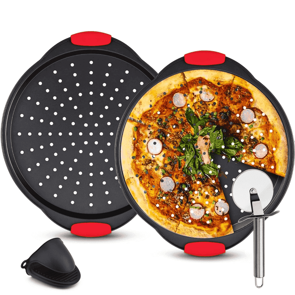 GPED 2-Pack Carbon Steel Pizza Pan Set with Non-Stick Coating & Silicone Handles, Includes Pizza Cutter Wheel & Oven Glove, Oven Safe Baking Trays