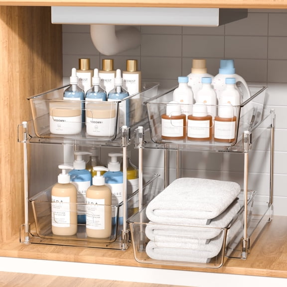 GPED 2-Tier Clear Under Sink Organizers and Storage, 2 Pack Pull-Out Cabinet Organizer,Vanity Countertop Container,Stackable Under Sink Organizer Organizers for Kitchen,Bathroom, Pantry Storage