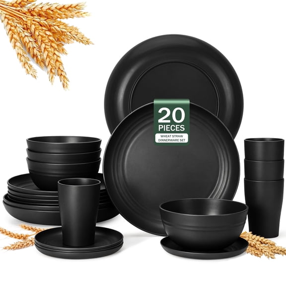 GPED 20-Piece Wheat Straw Dinnerware Sets for 4, Unbreakable Plates and Bowls Sets, Microwave & Dishwasher Safe Lightweight Dishes Set with 10"/9"/6" Plates, Cups & Bowls for Kitchen, Camping, Black