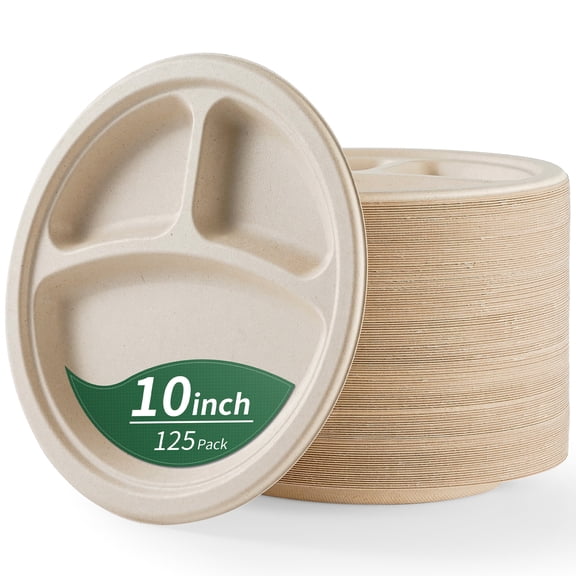 GPED 3 Compartment Paper Plates, 10 Inch 125-Pack Heavy Duty Disposable Plates, Eco-Friendly Compostable Biodegradable Sugarcane Bagasse, Natural Unbleached Brown,Perfect Dinner Paper Plate For Party
