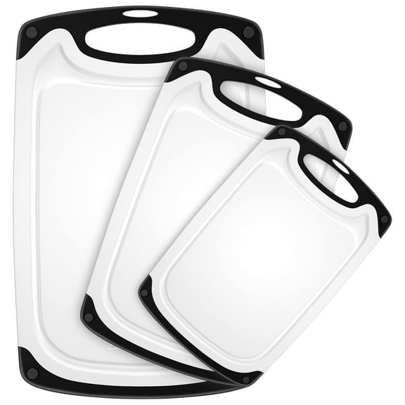 GPED 3-Piece Plastic Cutting Board Set, Durable Cutting Boards for Kitchen with Non Slip Handles and Juice Groove, Ideal Chopping for Meat, Vegetables and Fruits, Ideal Kitchen Gifts, White