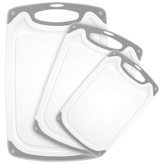 GPED 3-Piece Plastic Cutting Board Set, Durable Cutting Boards for Kitchen with Non Slip Handles and Juice Groove, Ideal Chopping for Meat, Vegetables and Fruits, Ideal Kitchen Gifts, Gray
