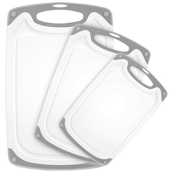 GPED 3-Piece Plastic Cutting Board Set, Durable Cutting Boards for Kitchen with Non Slip Handles and Juice Groove, Ideal Chopping for Meat, Vegetables and Fruits, Ideal Kitchen Gifts, Gray