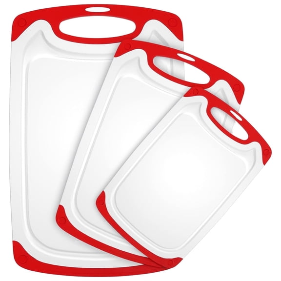 GPED 3-Piece Plastic Cutting Board Set, Durable Cutting Boards for Kitchen with Non Slip Handles and Juice Groove, Ideal Chopping for Meat, Vegetables and Fruits, Ideal Kitchen Gifts, Red