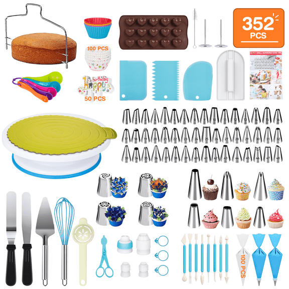GPED 352 Pcs Decorating Supplies Kit , Cake Decorating Kit with 48 Numbered Piping and 6 Korean Tips, Cupcake Decorating Kit with 100 Icing Bags ,Cake Baking Supplies with Non-slip Rotating Turntable