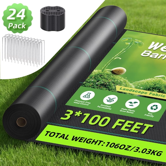 GPED 3x100ft Weed Barrier Landscape Fabric, Premium Weed Block Garden Cloth, Heavy Duty Gardening Ground Cover Mat, Woven Garden Weed Fabric for Gardening and Farming with 24 U-Shaped Securing Pegs