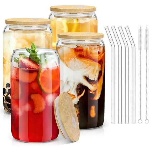 GPED 4 PCS Glass Cups with Bamboo Lids and Glass Straw Set, 16 OZ Can Shaped Glass Cups for Beer, Ice Coffee, Cute Tumbler Cup Great for Soda Boba Tea Cocktail Include 2 Cleaning Brushes