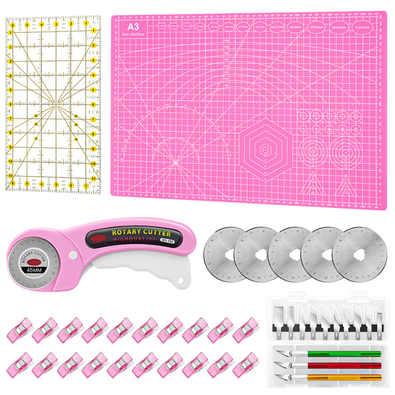 GPED 45mm Rotary Cutter Set with 5 Replacement Blades, A3 Cutting Mat, Quilting Ruler, Sewing Clips, and Craft Knife - Ideal for Sewing, Patchworking, Quilting, and Craft Projects, Pink