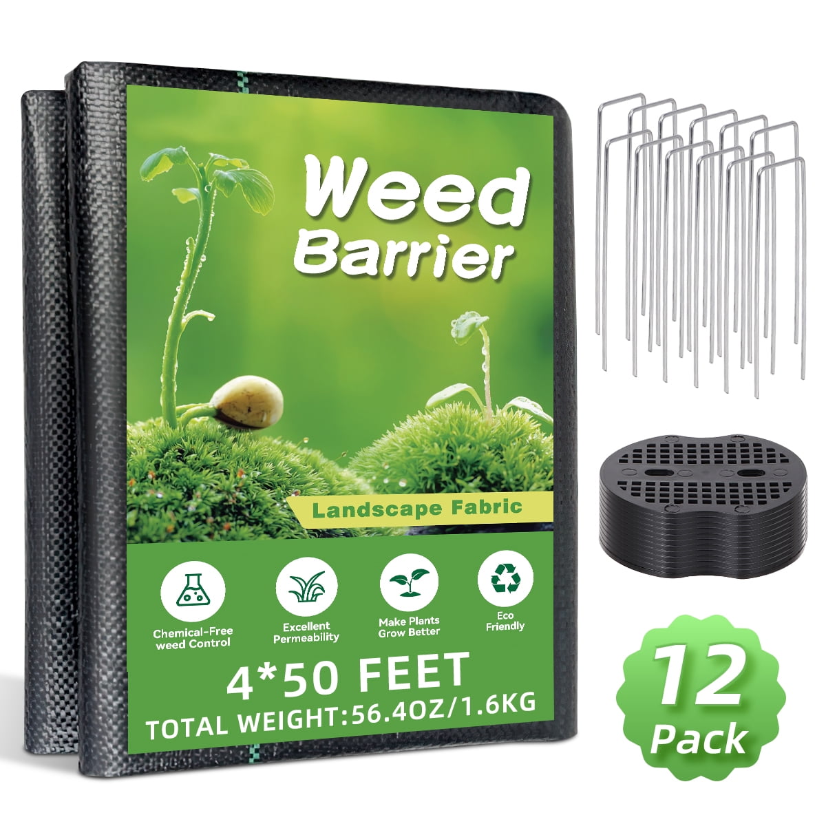 GPED 4FT x 50FT Weed Barrier Landscape Fabric, 3.2OZ Heavy Duty Weed Blocker Gardening Mat, Garden Cloth for Underlayment, Gardening, Farming, Ground, Commercial Driveway W/ 12 U-Shaped Securing Peg