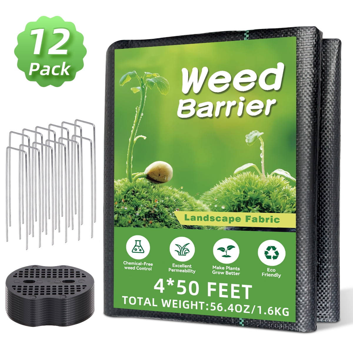 GPED 4ftx50ft Weed Barrier Landscape Fabric, Premium Weed Block Garden Cloth, Heavy Duty Gardening Ground Cover Mat, Woven Garden Weed Fabric for Gardening and Farming with 12 U-Shaped Securing Pegs
